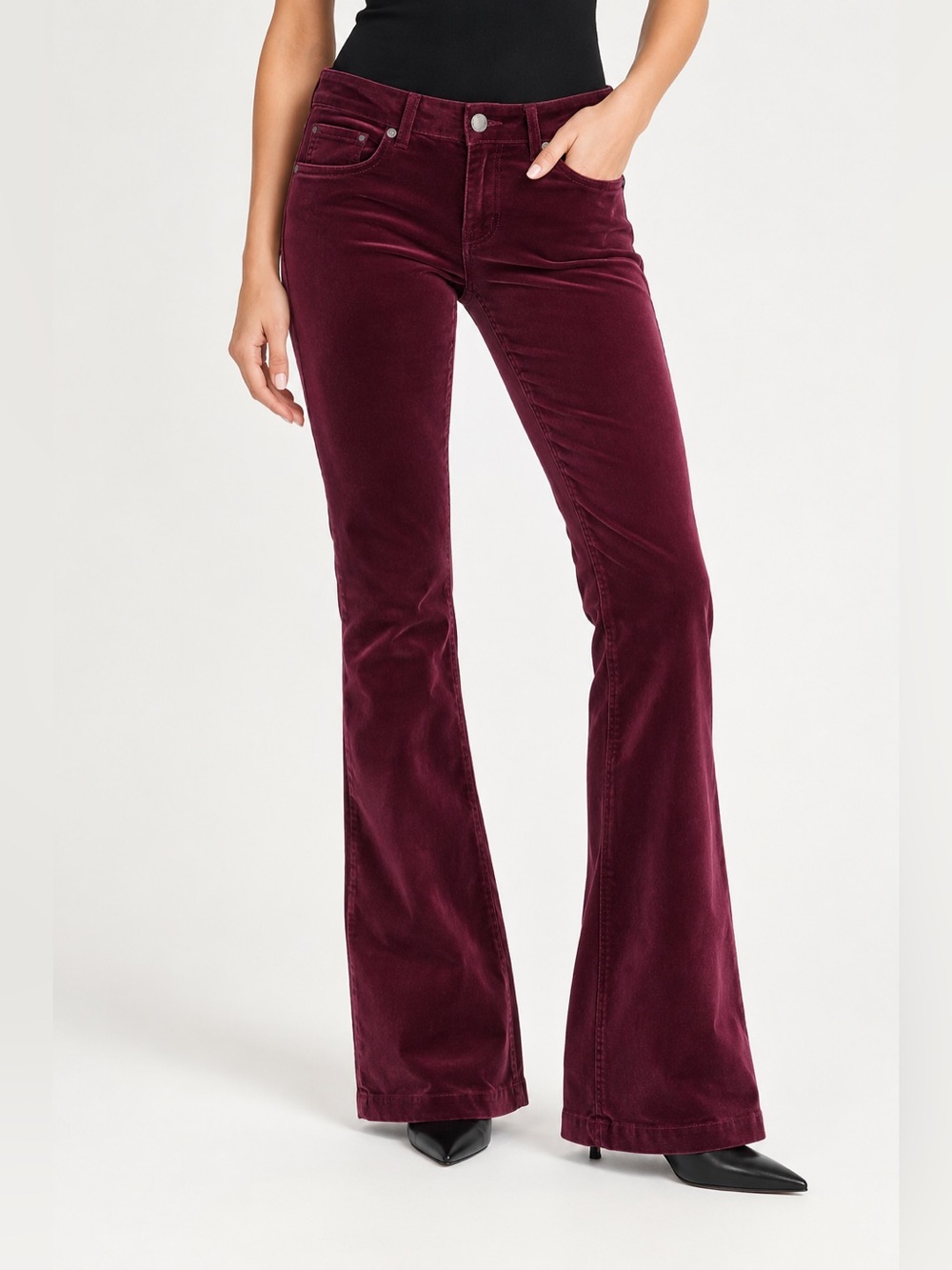 Ramy Brook Kyle Velvet Low Rise Flare Jeans Pinot Noir Burgundy Size 25